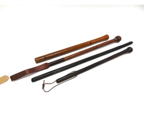 A SWAINE & ADENEY COMBINED RIDING CROP AND COSH with a leather covering and a silver collar; together with another leather co