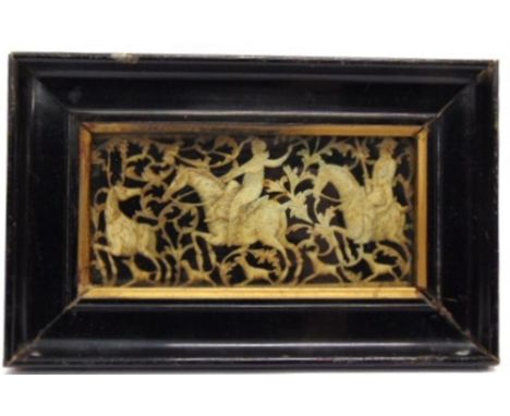 A CARVED BONE PANEL DEPICTING A HUNTING SCENE, possibly Napoleonic Prisoner of War, 6.5cm high 14cm wide visible within eboni