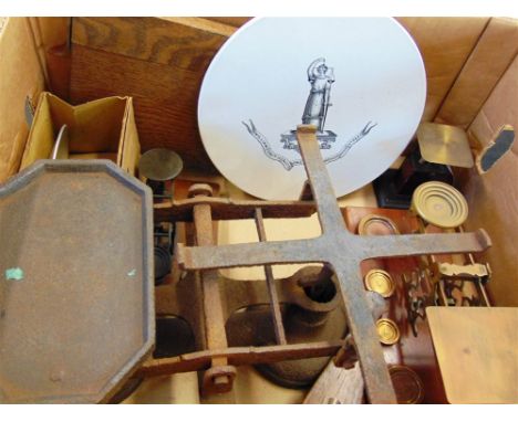ASSORTED SCALES comprising a William Smith & Co. set of domestic kitchen scales, with a transfer-printed ceramic plate; a set