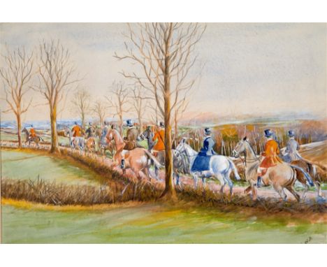 ENGLISH SCHOOL A hunt riding along a country lane, watercolour, 25 x 37cm; also two colour prints, H.R.H Prince of Wales ridi
