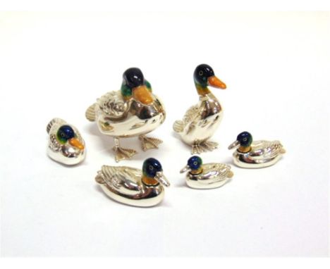 A GROUP OF SIX SATURNO SILVER AND ENAMEL DUCKS,  the largest approximately 9cm beak to tail