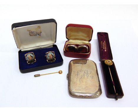 A SPLIT PEARL AND RUBY SET VICTORIAN STICKPIN with another stickpin; a silver cheroot case, 74g (2.3 troy ozs) gross; and two
