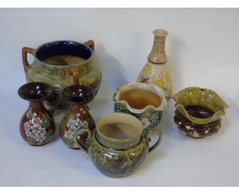 7 Pieces of various Royal Doulton Lambeth inc. a 3 handled planter and a Carrera pattern vase