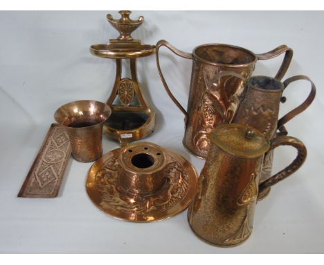 Various antique copper ware inc. a capstone ink well, miniature stick stand and pr of candlesticks