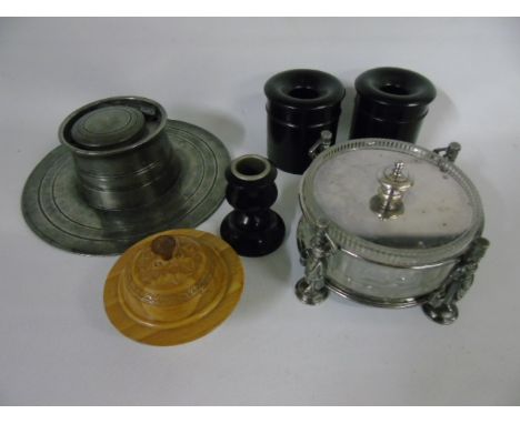 Capstone ink well, plated butter dish with glass liner and 4 wooden trinket pots