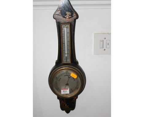 An early 20th century chinoiserie black lacquer wall barometer, height 47cm