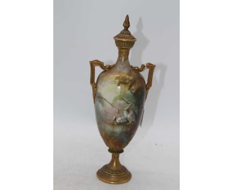 A Royal Worcester urn, decorated with a heron, h.19cm (a/f)