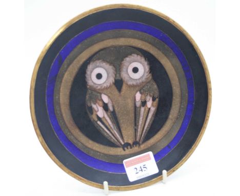 A German cloisonne enamel dish, decorated with an owl, dia.18cm 