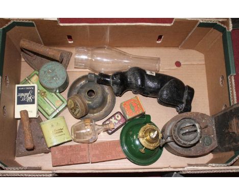 Miscellaneous items to include vintage irons, oil lamp parts etc