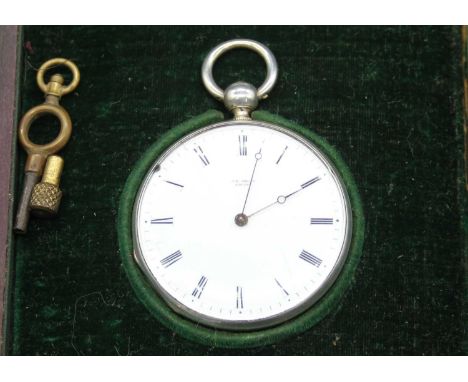 J F Jacot - a gent's continental white metal cased pocket watch, having signed white enamel dial and keywind movement, case d