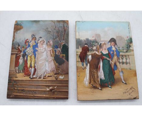 Continental school, late 19th century, courtship scene, overpainted print on board, together with a companion, a pair, each s