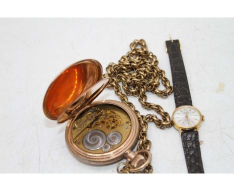 A gent's gold plated full hunter pocket watch, with gilt metal chain; together with a lady's Rotary manual wind wristwatch (2