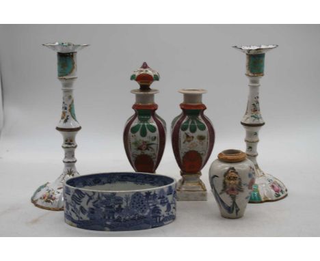 A pair of enamel decorated table candlesticks, together with a blue &amp; white transfer decorated dish etc