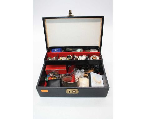 A jewellery box and contents to include engine turned silver ladies powder compact, enamelled lapel badges, cuff bracelet, wh