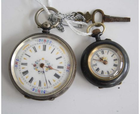 A lady's continental silver cased open faced pocket watch, having jewelled white enamel dial, engraved case and keywind movem