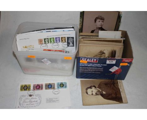 A collection of vintage postcards and photographs, mainly portraits; together with a collection of first day covers 
