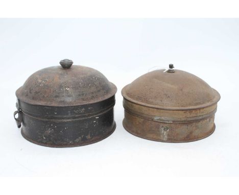 A vintage military nutmeg tin, dia.17cm; together with one other similar 