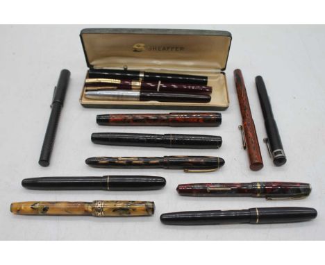 A collection of vintage fountain pens, to include four Mabie Todd &amp; Co Ltd "Swan" examples, 3x Sheaffer, Burnham Nos. 51 