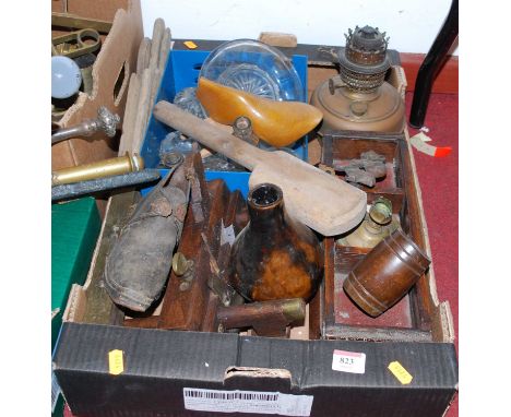 Miscellaneous items to include a brass oil lamp font, vintage moulding planes etc