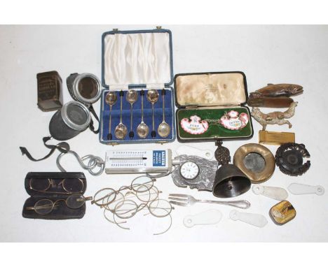 A collection of miscellaneous items, to include a cold-painted metal model of a fox, antique spectacles, enamel decorated dec