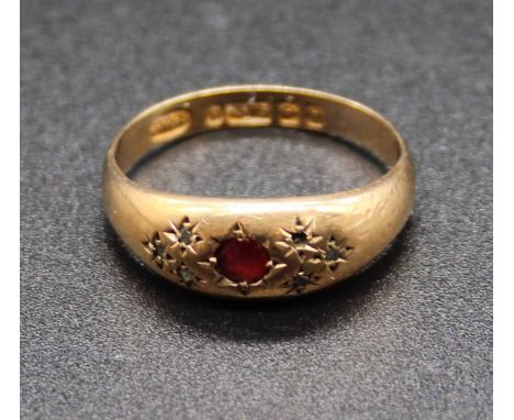 A vintage 9ct gold, ruby and diamond point set ring, 3.5g, size N