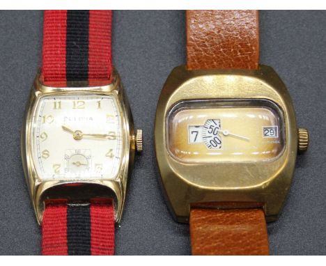 A gent's Bulova gilt metal and steel cased manual wind tank watch, with signed silvered dial, case dia.24mm; together with a 