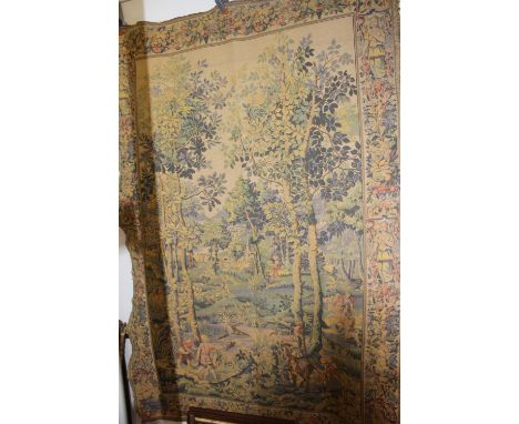 A French tapestry wall hanging, depicting a medieval landscape, 193 x 131cm
