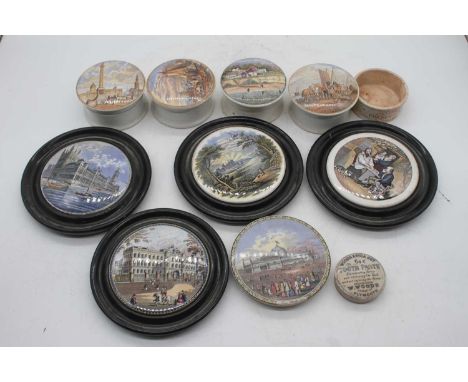 A collection of Victorian Prattware pot lids, largest dia. 12.5cmChixn Ham &amp; Toothpase heavily crazed.Nets in the sea wit