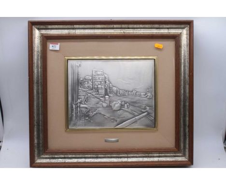 A repousse decorated 925 silver panel, depicting a river landscape, 21 x 27cm, housed within a silvered frame