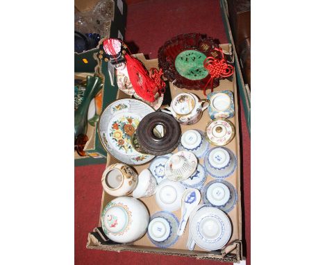 A collection of Asian items to include Chinese enamel decorated ginger jar and rice serving spoons, etc