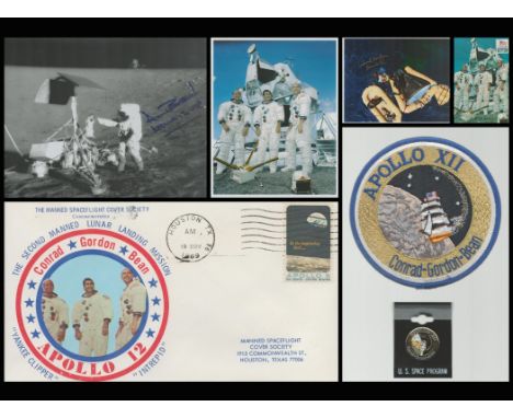 Space. Apollo XII Collection. Alan Bean Signed 10 x 8 inch black and white photo. Richard Gordon Signed 10 x 8 inch colour ph