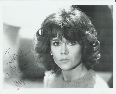 Jane Fonda, a signed and dedicated 10x8 photo. An actress and former fashion model, she is the recipient of many acting award