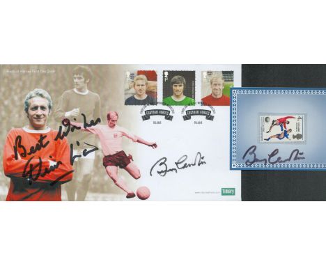 Football, two signed items: Firstly, Bobby Charlton and Denis Law, a Heroes 2013 FDC signed by two Manchester United legends.