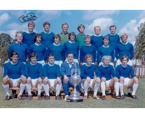 Autographed JOE ROYLE 12 x 8 photo : Col, depicting Everton´s 1969/70 First Division winning squad posing with their trophy d