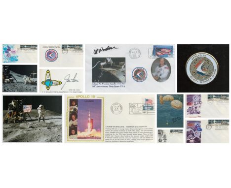 Space. Apollo XV Collection. Al Worden Signed 10 x 8 inch colour photo. Al Worden signed personal FDC. Jim Irwin Signed Busin