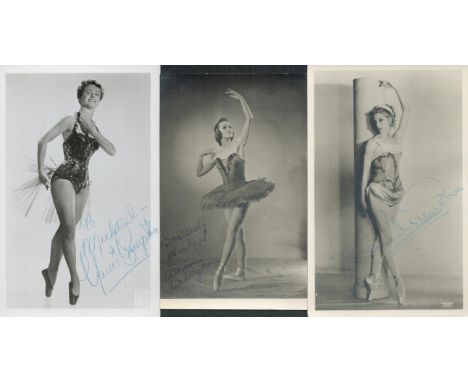 Alicia Markova, a signed 5.5x3.5 photo postcard, postmarked July 1955 to back. Also, two other signed photos of ballet dancer