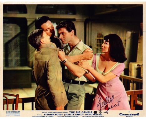 Tv and Film. Juliette Greco signed The Big Gamble 10 x 8 colour vintage lobby card. Signed in purple ink. Good condition. All