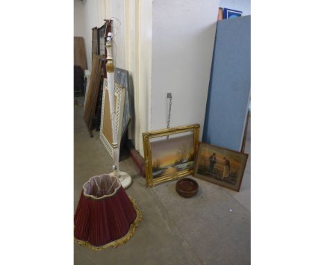 A cream standard lamp, treen bowl, landscape painting and print