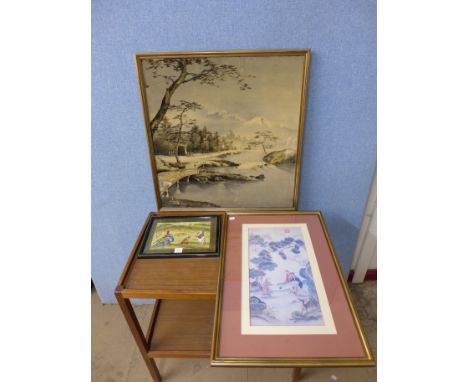 Indian School, tiger hunting, gouache, Japanese velvet picture, view of Mount Fuji and Chinese print