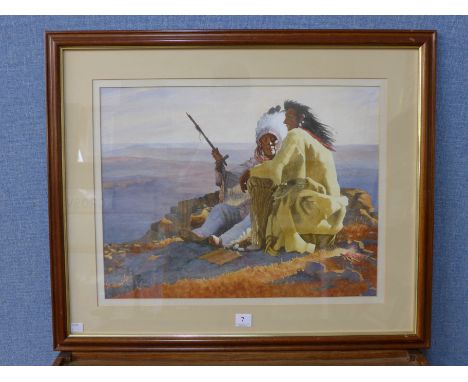 A portrait of Native Americans, watercolour, framed