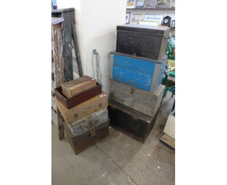 Assorted wooden boxes and a tin trunk