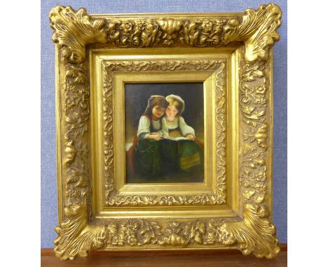 A portrait of two young girls, oleograph, framed