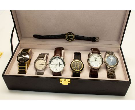 7 Sammleruhren im Kasten, dabei Zentra Automatic/ Timex/ 2 x Glashütte, Sonderedition zum XII. Parteitag der SED (nicht mehr 