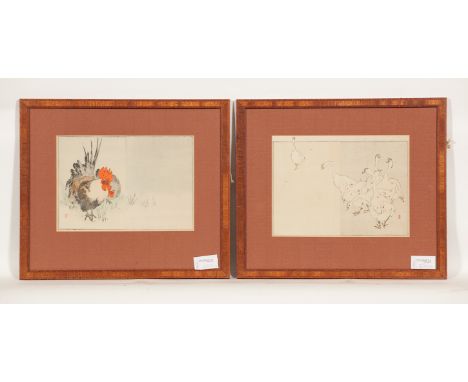 TWO CHINESE PRINTS AND A TRIPYTCH  one print depicting a cockeral, the other geese, both seal stamped, 21cm x 30cm, mounted, 