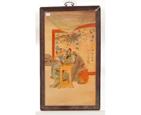 LARGE CHINESE CERAMIC PLAQUE IN FRAME with male figures, in wooden frame, 87cm x 51cm overall 