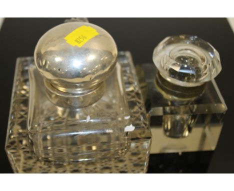 A LARGE HALLMARKED SILVER TOPPED GLASS INKWELL A/F TOGETHER WITH ANOTHER (2) 