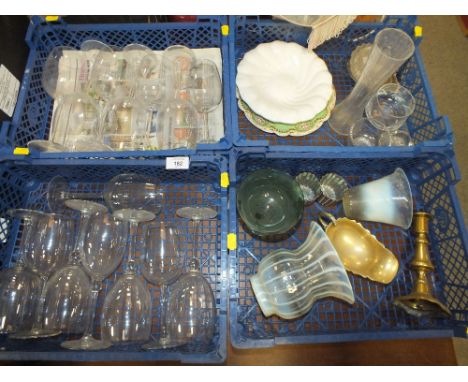 FOUR BOXES OF GLASSWARE TO INCLUDE VINTAGE GLASS LIGHT SHADES, DRINKING GLASSES ETC