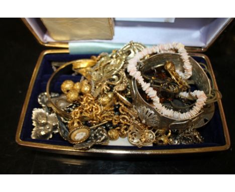 A BOX OF VINTAGE COSTUME JEWELLERY