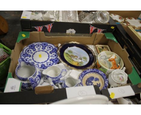 A TRAY OF ASSORTED CERAMICS TO INCLUDE A SPODE GAME BIRDS PLATE, ROYAL DOULTON ETC