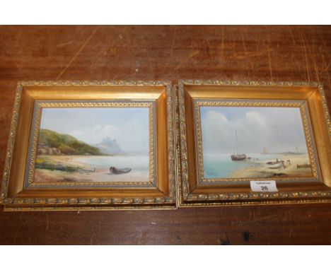 A PAIR OF SMALL GILT FRAMED COASTAL SCENE OIL ON BOARD SIGN RICHARD RHEAD SIM 